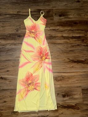 Yellow and Pink Hawaiian Flower Maxi Dress